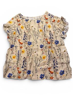 SHEIN Beige Floral Blouse with Blue & Orange Accents